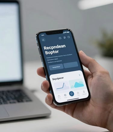 A professional software developer working in a minimalist, modern office within an International / Global setting. Close-up on a high-resolution smartphone displaying a sleek mobile interface, with soft Pale Grey and Slate Blue tones in the background lighting.