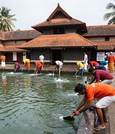 A community water well being used by smiling villagers.