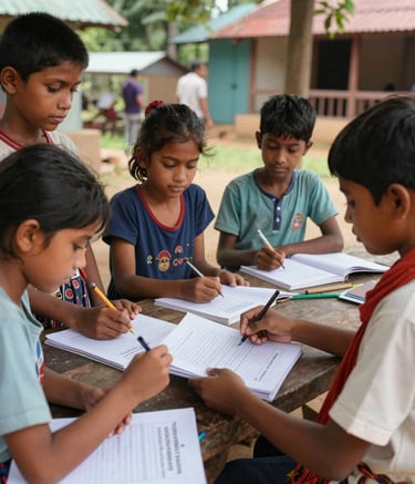 Children happily receiving books and school supplies at a community center.