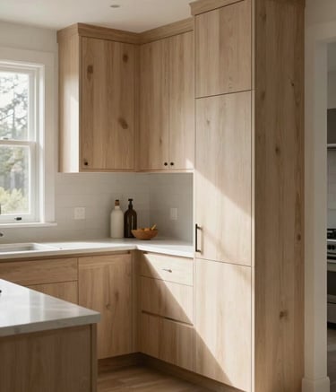 A professionally finished kitchen in a Portland home with custom light wood cabinetry. The image highlights precise joints and a modern, high-end finish. Soft morning light, North American / Pacific Northwest US residential architecture, off-white and sand beige tones.