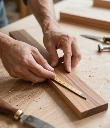 Close-up of a craftsman's hands measuring a walnut brown plank in a bright workshop in the North American / Pacific Northwest US. Professional woodworking tools are visible on a light sand-colored workbench under natural light.