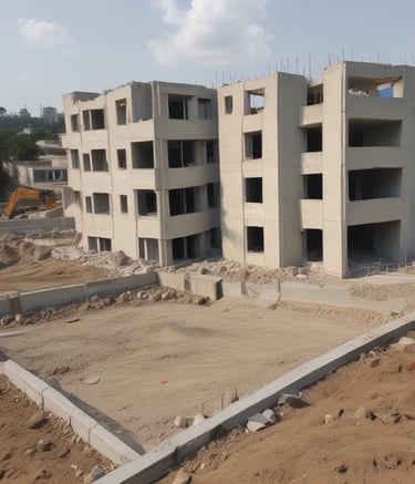 Freshly poured concrete foundation at a construction site under clear skies.