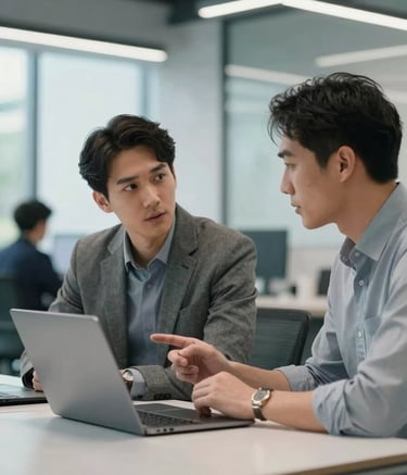 A collaborative scene in a modern North American startup hub, where two professionals are discussing career goals over a sleek desk with a minimalist laptop, in a bright airy atmosphere with light blue and grey tones.