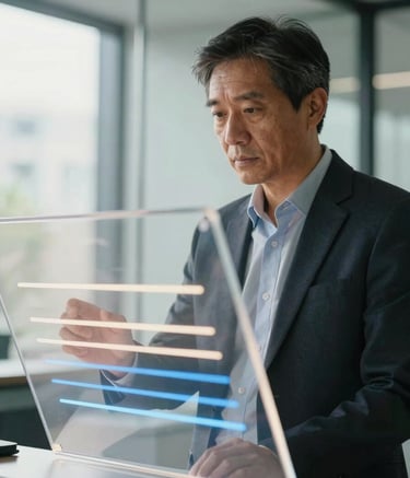 A high-end portrait of a professional mentor in a glass-walled North American office, soft sunlight filtering through, looking at a transparent digital display with off-white and medium blue light trails.