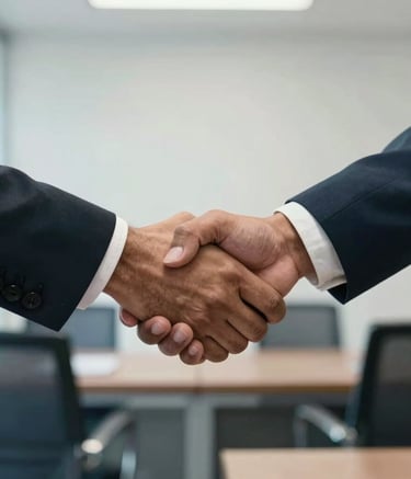 A professional handshake between two people in a corporate office in a South Asian / Indian city. The focus is on the hands, with a soft background showing white walls and muted blue corporate furniture.