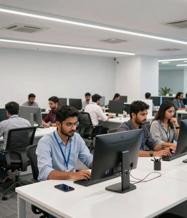 A wide shot of a modern Indian technology hub workspace with South Asian / Indian professionals working at organized desks. The lighting is bright and clean, reflecting a white and light grey interior design.