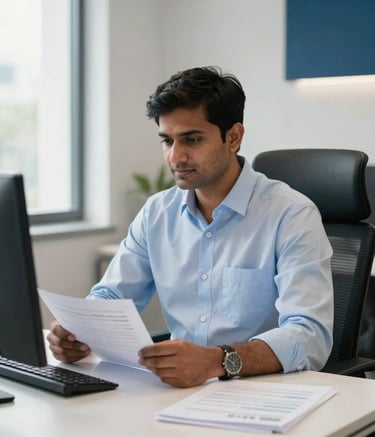 A professional South Asian / Indian Chartered Accountant in a modern office in India, sitting at a desk with financial documents, natural light, professional attire. The room is decorated in white and navy blue accents.
