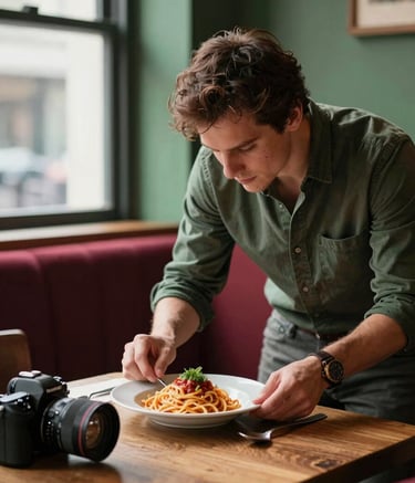A professional photographer in a cozy North American restaurant setting, carefully arranging a plate of artisanal pasta for a social media shoot. Soft natural window light, Matte Forest Green and Deep Ripe Crimson accents in the decor. High-end camera gear visible.