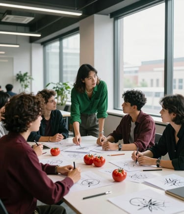 A clean, modern North American office space with large windows. A creative team is brainstorming around a table covered in crisp parchment paper sketches and fresh tomatoes. Professional atmosphere, Deep Ripe Crimson and Matte Forest Green color palette.