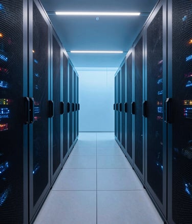 Photography of a sleek, ultra-modern data center corridor. The lighting is a mix of deep navy blue and soft cerulean. The composition is a wide-angle perspective shot, clean and symmetrical, reflecting sophisticated technology.