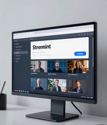 Close-up photography of a professional media workspace. A high-resolution screen displays a clean streaming interface. The environment is a minimalist studio with steel blue accents and mist white walls, conveying professional reliability and innovation.