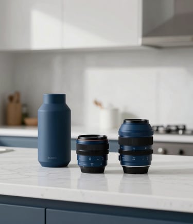 Clean photography of a modern British kitchen featuring minimalist household items. A white countertop serves as the backdrop, with soft natural light and a focus on sophisticated design. Incorporates deep blue accents.