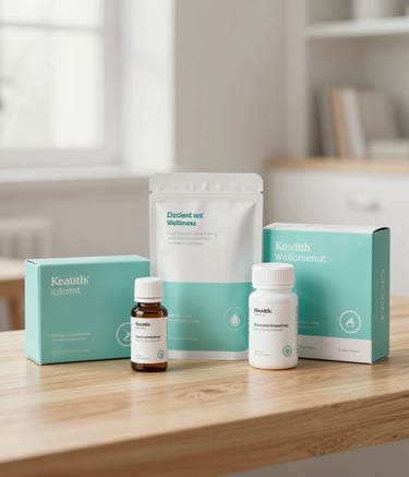A professional, minimalist close-up of high-quality health and wellness kits arranged on a light wooden surface in a bright British home. The style is clean and sophisticated, using soft teal and white tones.