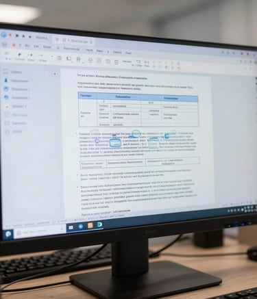 A close-up photograph of a professional workstation in a Central Asian corporate office. The focus is on a high-resolution display showing the SenTra interface, where a complex technical document with tables and stamps is being translated from English to Kazakh while perfectly preserving the original layout. Clean, professional lighting with soft blue and white tones.