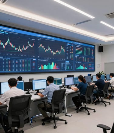 A wide-angle professional photograph of a modern enterprise control center in Almaty. Large screens on the wall display the fAInance dashboard with real-time predictive analytics and management charts. The atmosphere is secure and technologically advanced, featuring clean white and blue lighting.