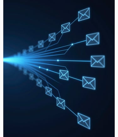 A sophisticated digital visualization of email data streams being intelligently sorted. Glowing blue pathways representing information flow, set against a dark, professional background using #1F3C57 and #4A7CA1. Minimalist and high-tech.