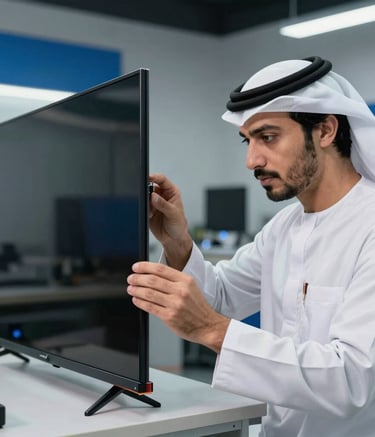 A technician inspecting the thin frame of a modern OLED television. The background is a professional workshop with blue and gray blue accents, conveying a sense of modern professionalism. Middle Eastern / Gulf style.