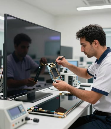 A professional technician wearing a neat uniform meticulously repairing a large smart television screen in a bright, modern workshop in Dubai. The setting features professional electronic testing equipment and soft lighting, reflecting technical expertise. Middle Eastern / Gulf context.