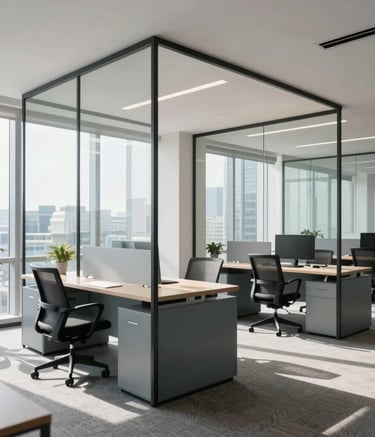 A modern, bright North American corporate office setting with glass partitions. A clean, minimalist aesthetic with furniture in slate blue and light gray. Professional, bright daylight photography style.