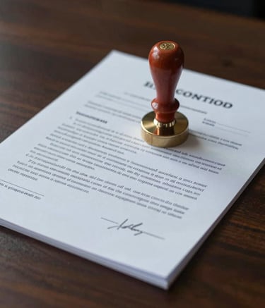 A close-up of a notary seal and official legal documents resting on a dark walnut table in a North American office. The lighting is soft yet professional, highlighting the texture of the paper. Colors include dark grayish blue and light gray.