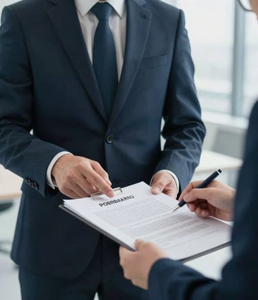 A professional in a sharp business suit reviewing a contract in a bright, modern North American office. Focus is on the professional atmosphere and the document. Palette colors of dark blue and light gray are present.