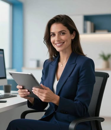 A professional American woman sitting in a sleek, modern home office in Georgia. She is smiling confidently, holding a digital tablet. She wears a midnight blue blazer. The background is softly blurred, showing a clean, high-tech workspace with sky blue and soft white accents.