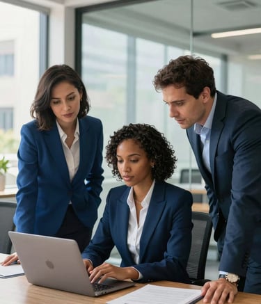 A group of three diverse American tech professionals, two women and one man, collaborating over a laptop in a bright, modern glass-walled office in Atlanta. They are dressed in smart-business attire featuring steel blue and midnight blue tones. The lighting is natural and bright, reflecting a sophisticated and professional workspace.