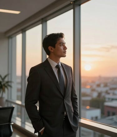 A relaxed property manager in business attire looking out of a large window in a sophisticated, clean office building in Mexico, warm sunset lighting, feeling of peace and accomplishment.