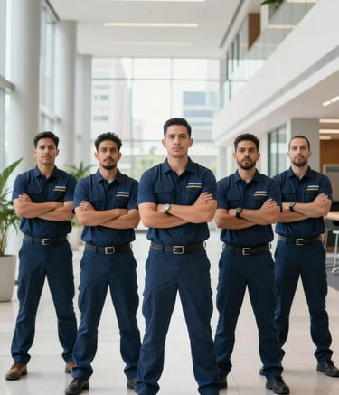 A professional team of workers in navy blue uniforms standing confidently together in a bright, modern corporate atrium in a North American / Mexican city, soft natural light, clean composition.