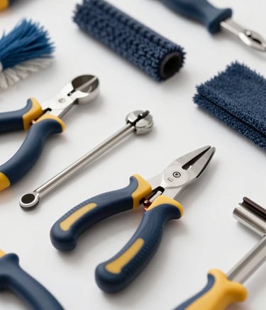 Close-up of professional cleaning and maintenance tools organized neatly on a white background, hints of navy blue and gold accents, high-end commercial photography style.