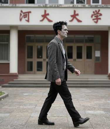 A shadowy figure standing by a window in an old Victorian house at twilight.