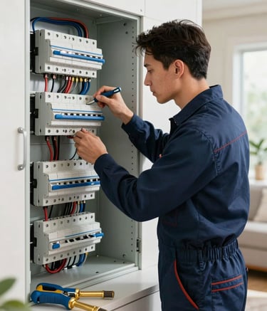 A professional electrician in a navy blue uniform focusing on a complex circuit breaker panel inside a contemporary North American / US residence. The scene is well-lit with professional tools in steel blue and golden brass visible in the foreground. High-quality, modern home maintenance setting.