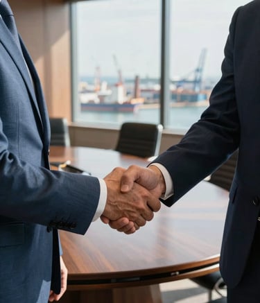 A close-up photograph of a professional handshake between two business partners in a high-end, sunlit boardroom in a Lusophone Internacional setting. The background features a large window with a view of a busy commercial port. The lighting is sophisticated and warm, emphasizing sharp navy blue and light blue textures of professional attire.