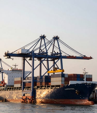 A wide-angle landscape photograph of a modern cargo terminal at dawn. The scene features massive cranes in shades of blue and silver lifting containers onto a large ship. The atmosphere is efficient and calm, with a palette of deep navy and light grey, reflecting a Lusophone Internacional industrial context.