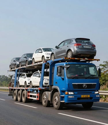 A massive steel blue car carrier truck driving along a modern highway in a South Asian / Indian landscape, carrying multiple cars, clear sky, professional photography, clean aesthetic.