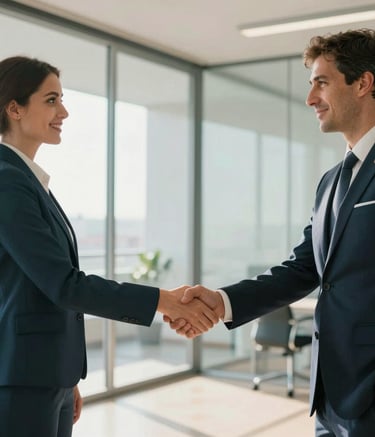A wide shot of a professional handshake between two businesspeople in a bright Iberian office with glass walls. Professional attire, deep teal and tan color accents, soft sunlight, expressing trust and partnership.
