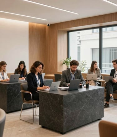 Interior of a sophisticated career consultancy in Spain, featuring clean lines, dark slate furniture, and warm tan accents. A team of experts works collaboratively in a bright, airy space.