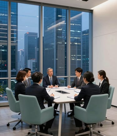 A high-performance team meeting in a Global Business skyscraper office. The room features sky greenish blue chairs and soft off-white walls. Large glass windows overlook a corporate skyline at dusk with deep blue tones and sleek architectural lines.