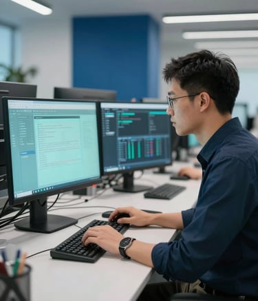 A professional working on high-tech software development in a Global Business tech park. The scene includes light aqua monitors and deep blue office accents, shot with a professional, sleek aesthetic and clean lighting.