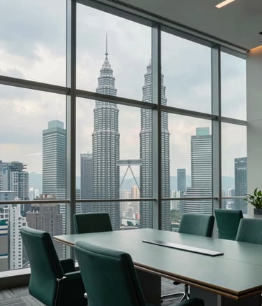 A wide-angle professional photograph of a modern glass-walled boardroom in Kuala Lumpur. Through the window, the Petronas Twin Towers are visible against a soft cloud sky. The interior features sleek furniture in deep emerald and misty sage tones, suggesting a high-end corporate environment.