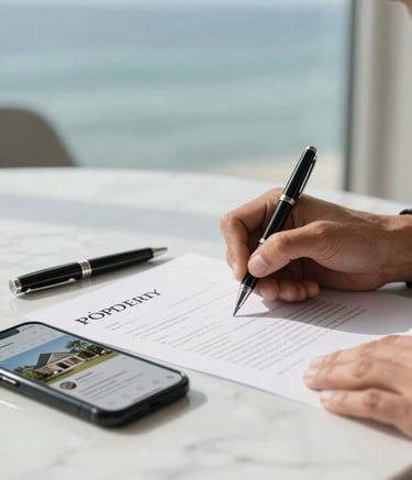 A close-up photograph of a professional signing a property document on a white marble desk. Beside the document is a high-end pen and a smartphone showing a real estate app. The lighting is bright and natural, with soft ocean blue and misty sage color accents in the background.