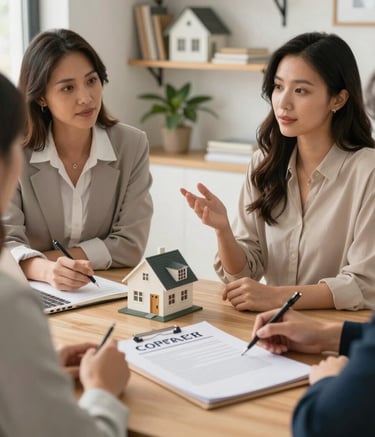 A confident entrepreneur presenting property paperwork to an interested buyer.