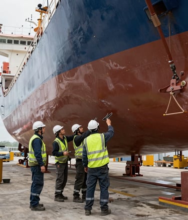 A modern shipyard with workers collaborating on a large vessel under construction.