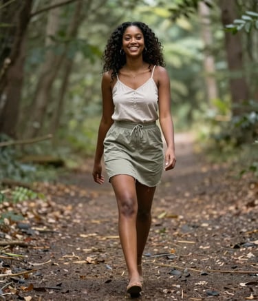 A person hiking on a forest trail surrounded by lush greenery.