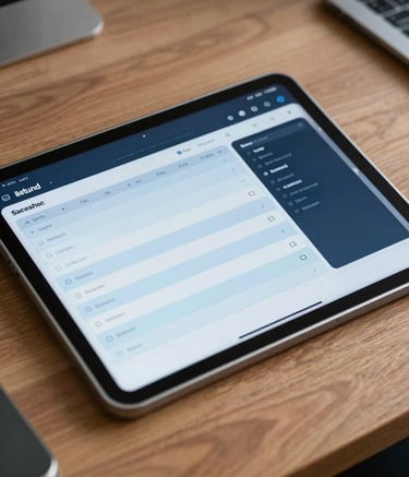 A close-up of a professional tablet on a wooden desk in a North American / US corporate setting, showing a clean, organized scheduling dashboard with pale sky blue and midnight navy UI elements. Sharp focus, natural office lighting.