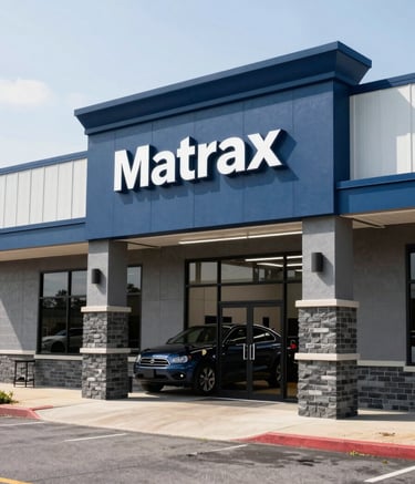 A high-quality wide shot of a modern automotive repair shop exterior in Keswick, Virginia, North American / US. The building features clean lines with navy blue and slate accents. A prominent sign says Matrax. Bright, professional daylight photography.
