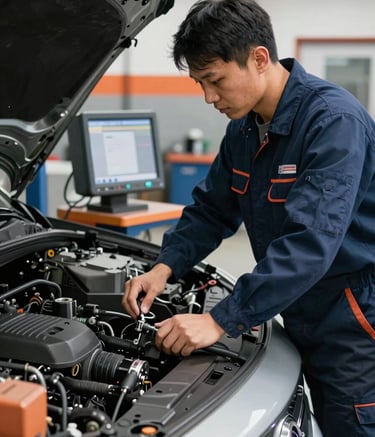 Detailed photography of a professional mechanic in a clean navy blue uniform using modern diagnostic equipment on a car engine. The setting is a well-lit, organized North American / US garage. Colors include slate and hints of safety orange.