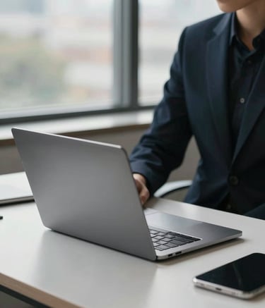 A professional, minimalist workspace with a sleek laptop on a clean desk. In the background, a person wearing a Dark Navy blazer is visible but slightly blurred. The office has large windows with soft daylight, reflecting a premium and modern digital marketing partnership atmosphere.