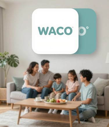A warm, high-key interior shot of a happy family relaxing in a cool, comfortable living room in Waco. The lighting is soft and natural, emphasizing comfort and quality of life. The decor includes subtle teal (#488C9C) and light gray (#DBE3E7) accents to match the brand identity.