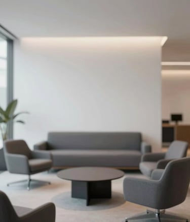 A clean, wide-angle shot of a contemporary corporate lounge. Minimalist furniture in shades of #2D2424 and #B8A1A1 creates a professional yet welcoming vibe. Soft, diffused lighting enhances the sense of calm and reliability. Modern aesthetic with plenty of negative space.